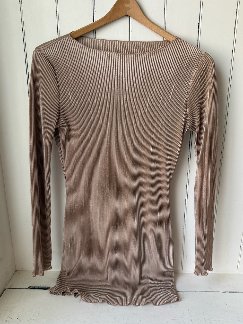 SHEIN Ribbed Beige Shimmer Long Sleeve Dress